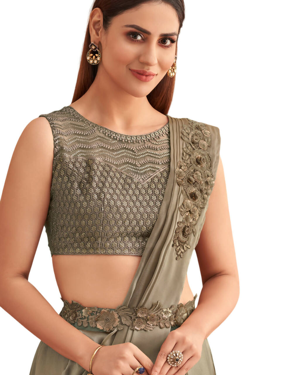Green Satin Embroidered Ready To Wear Saree With Unstitched Blouse Piece - Nandika | Grocsy