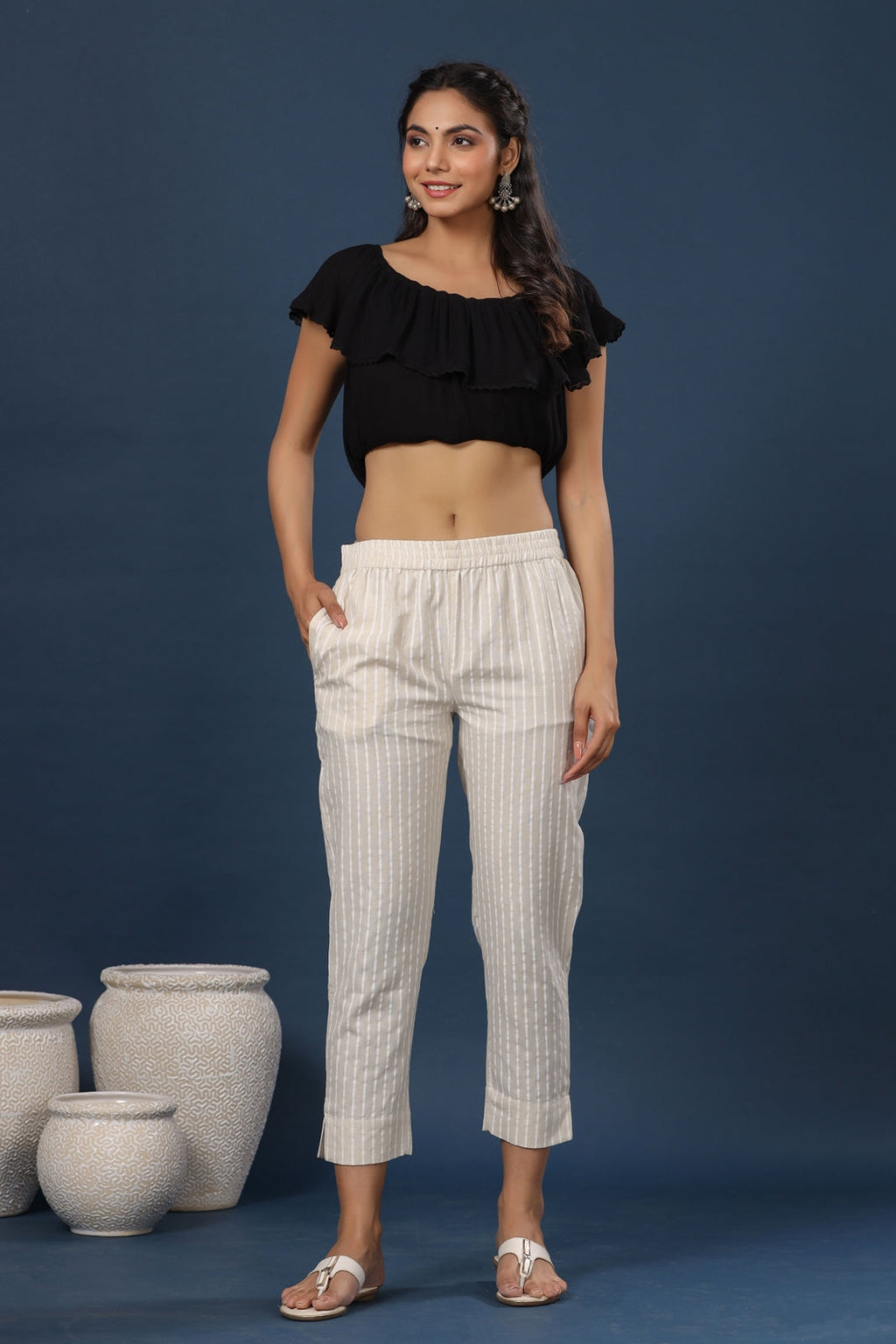 Juniper Women Natural Cotton Flex Striped Slim Fit Pant/Slim Pant | Grocsy