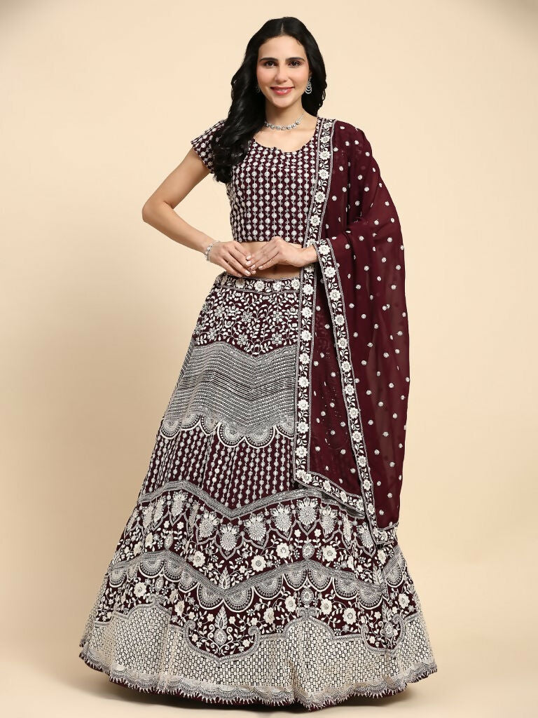 Brown Georgette Thread Embroidered Lehenga Choli with Dupatta - Tanya | Grocsy