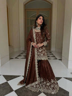 Teeya Creation New Trendy Latest Designer Embroidery Sharara Kurta Set -Brown | Grocsy
