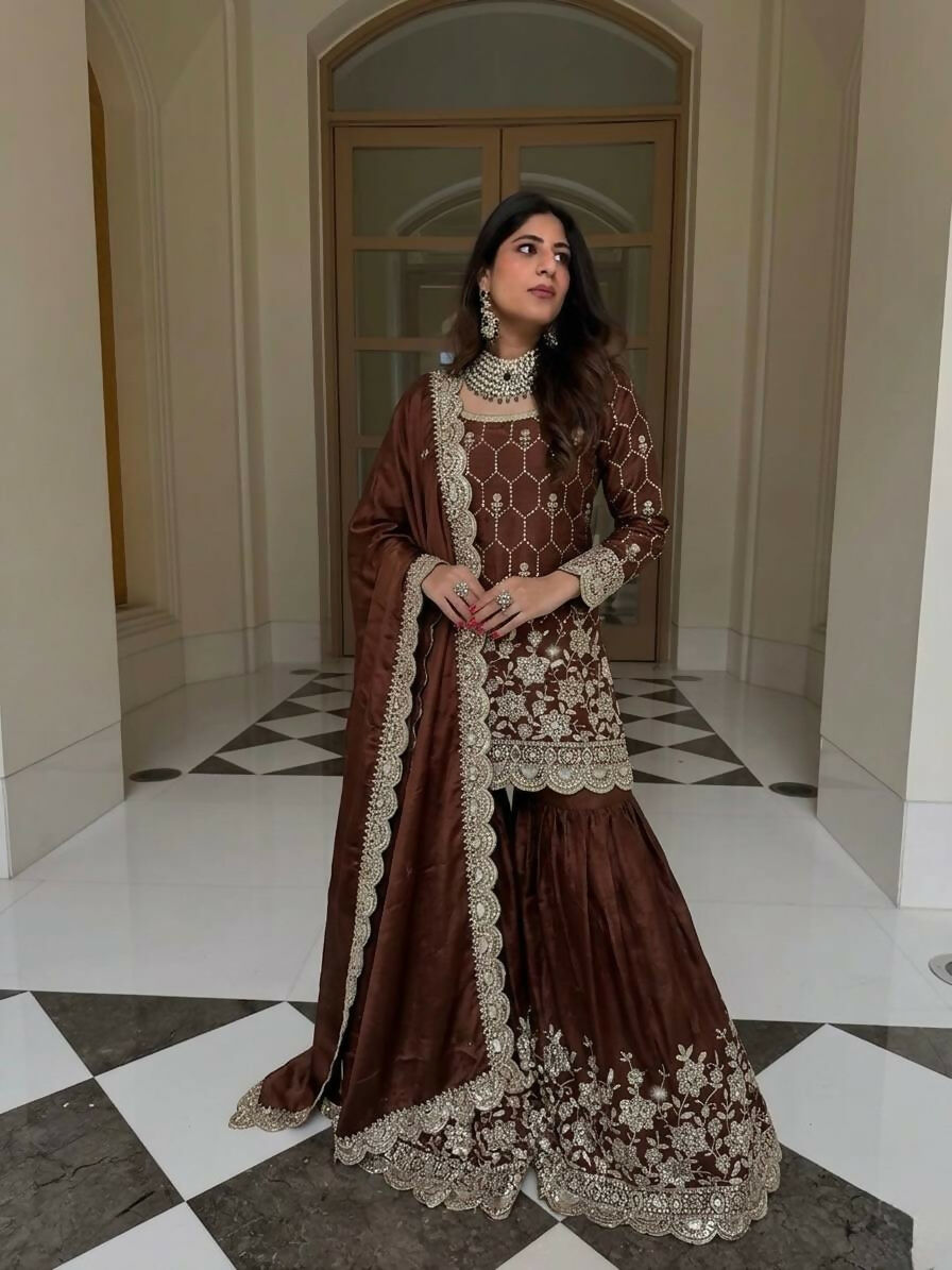 Teeya Creation New Trendy Latest Designer Embroidery Sharara Kurta Set -Brown | Grocsy