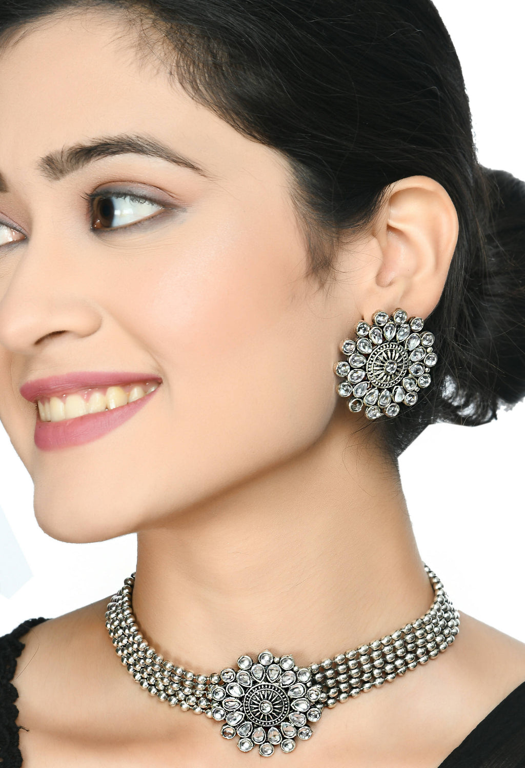 Mominos Fashion Johar Kamal Oxidised Silver-Plated Brass Finish Kundan Choker For Women (Silver) | Grocsy