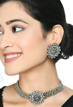 Mominos Fashion Johar Kamal Oxidised Silver-Plated Brass Finish Kundan Choker For Women (Silver) | Grocsy