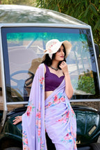 Vastranavya Lavender Weightless Marble Printed & Pearl Lace Border Saree with Unstitched Blouse | Grocsy