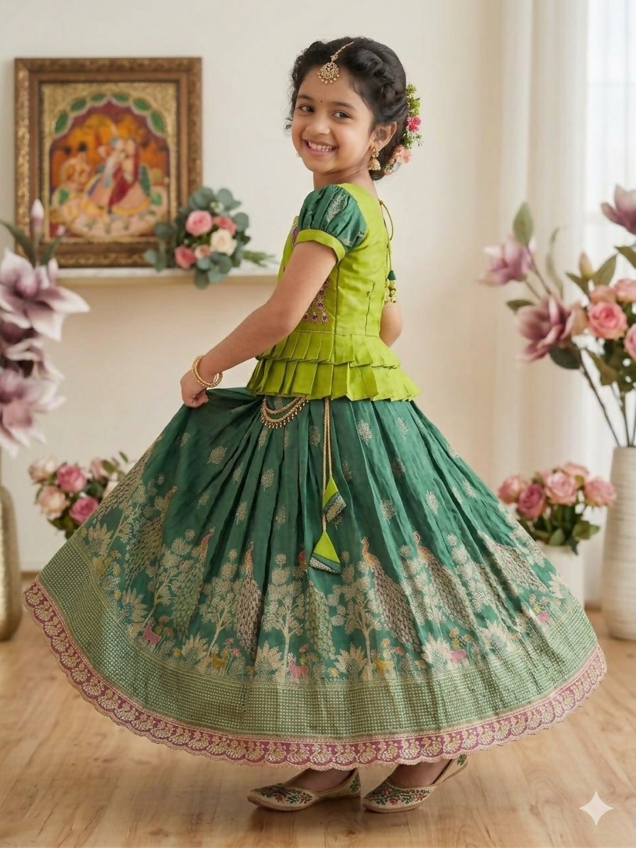Teeya Creation New Kids Green Color Little Deer Forest Fantasy Lehenga Choli Set -Green | Grocsy