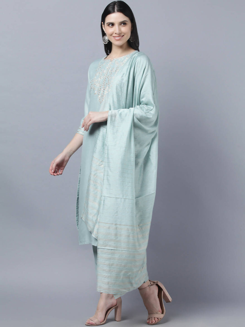 Myshka Women Grey Yoke Design Gotta Patti Kurta with Trousers Dupatta Set | Grocsy