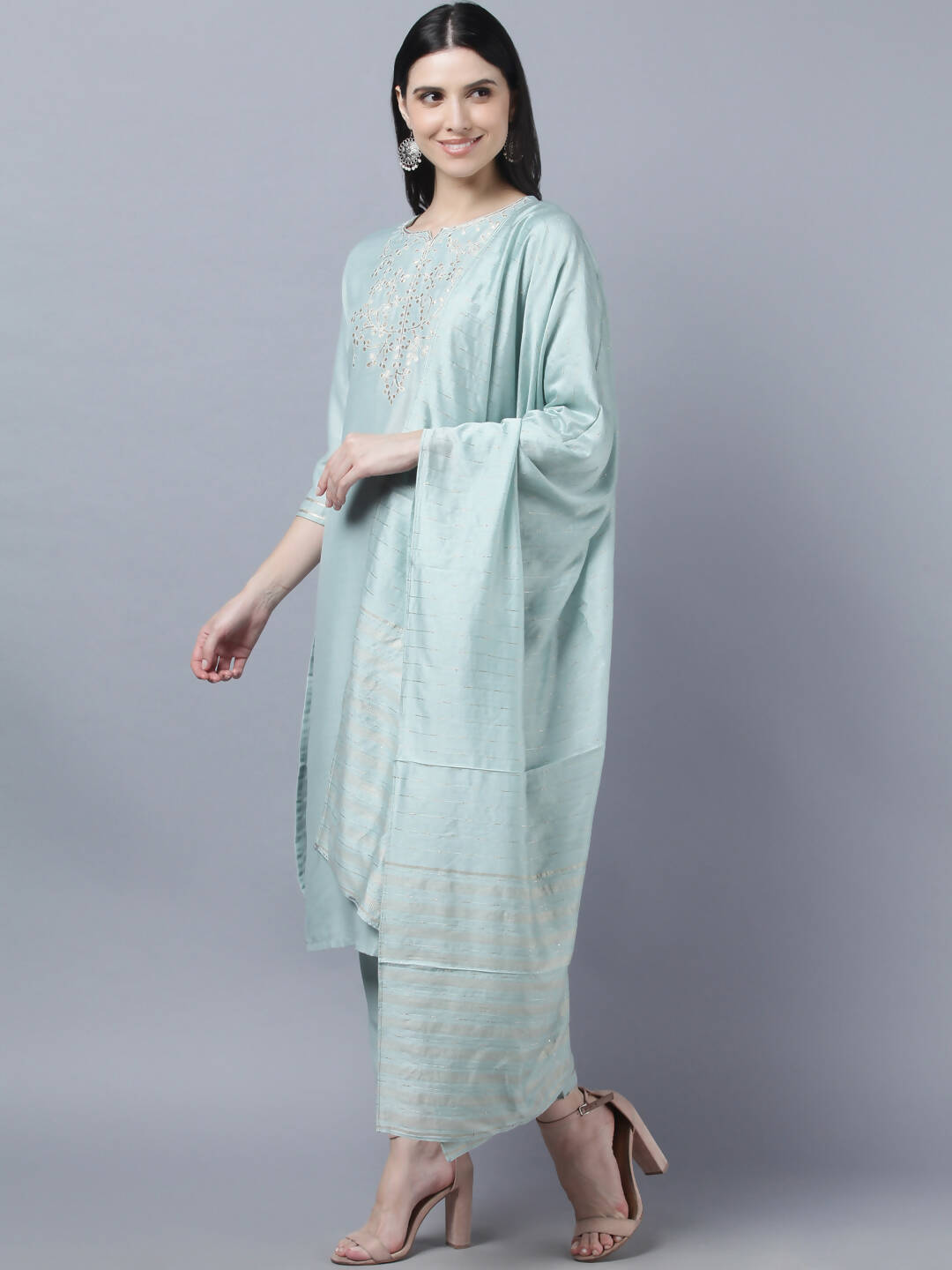 Myshka Women Grey Yoke Design Gotta Patti Kurta with Trousers Dupatta Set | Grocsy