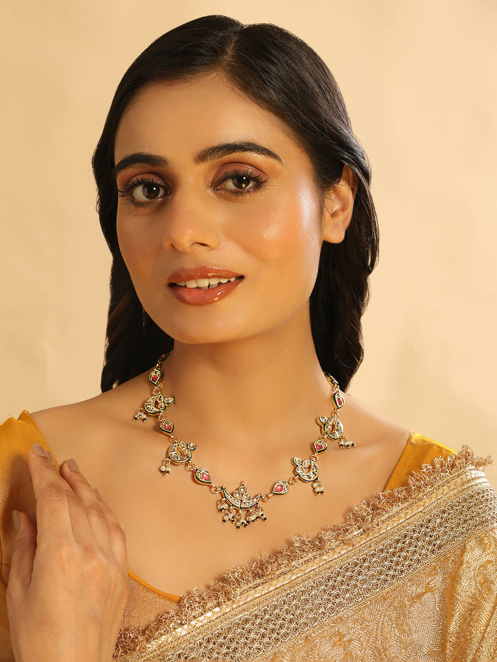 Nuyug 22K Gold Plated Regal Enamel Bloom Pearl Drop Necklace | Grocsy