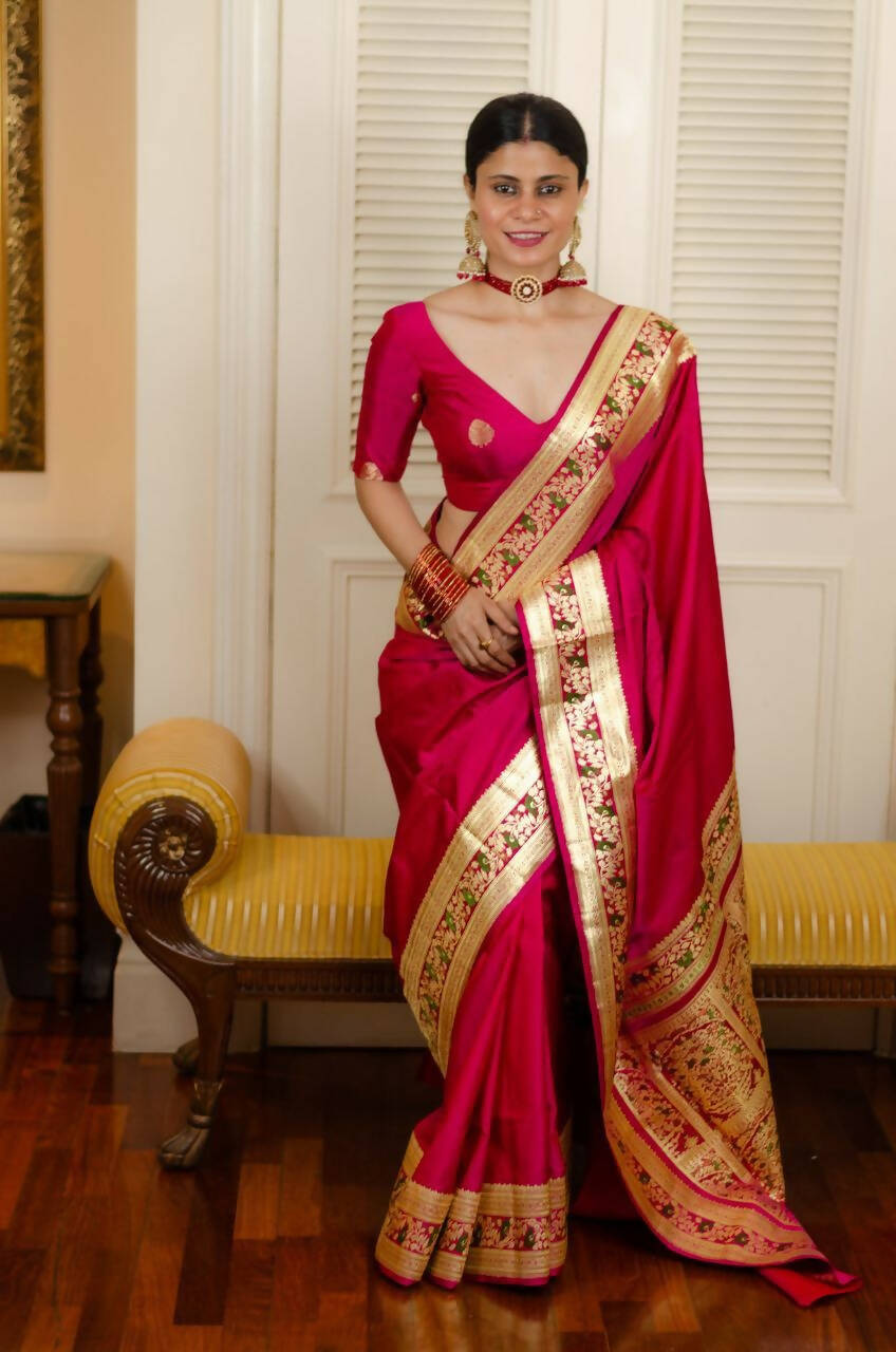 DEIANA'S Beautiful Designer Golden zari Soft Lichi Silk Saree - Pink | Grocsy