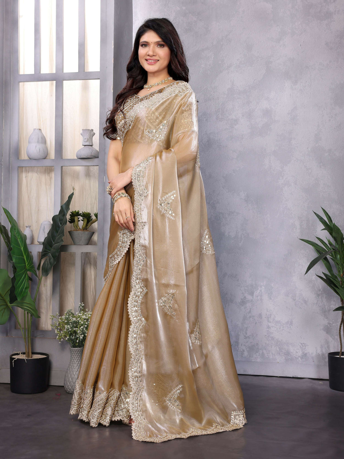 Vastranavya Beige Embroidery Work Shimmer Chiffon Saree with Unstitched Blouse | Grocsy