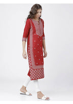 Cheera Embellished Daily Wear Cotton Blend Kurta - Red & White | Grocsy