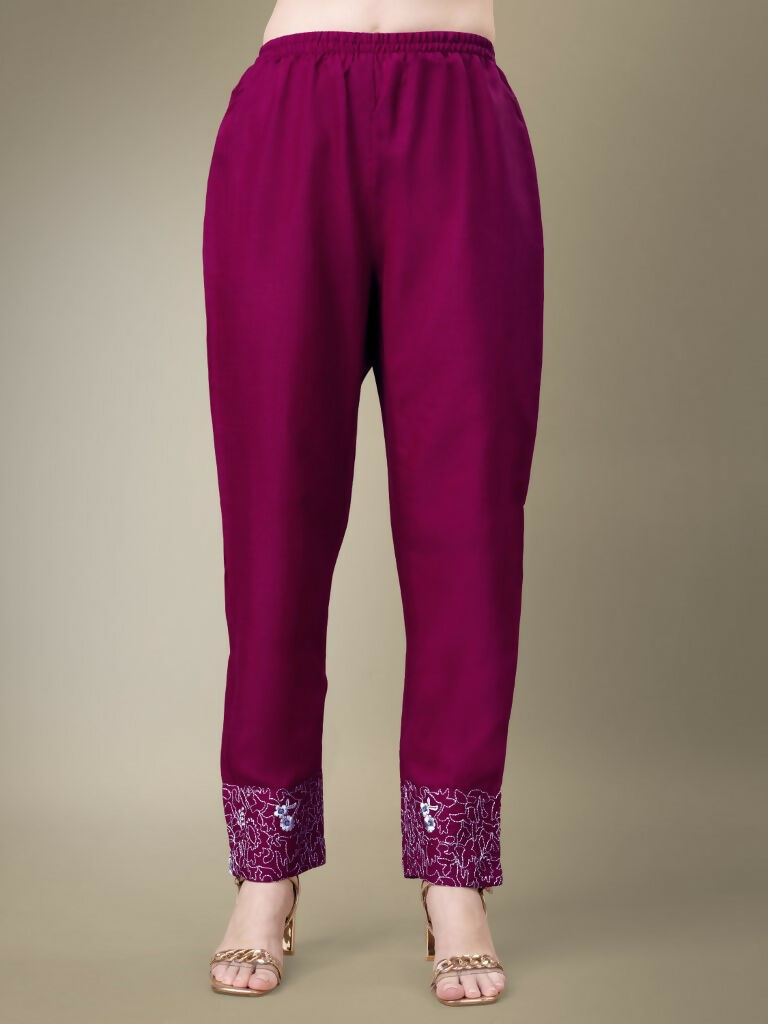 Jyoti Fashion Women's Purple Cotton Blend Embroidery & Fancy Lace work Kurta with Trouser & Dupatta | Grocsy