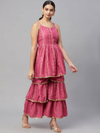Myshka Pink Printed Sleeveless V Kurti Sharara Set | Grocsy