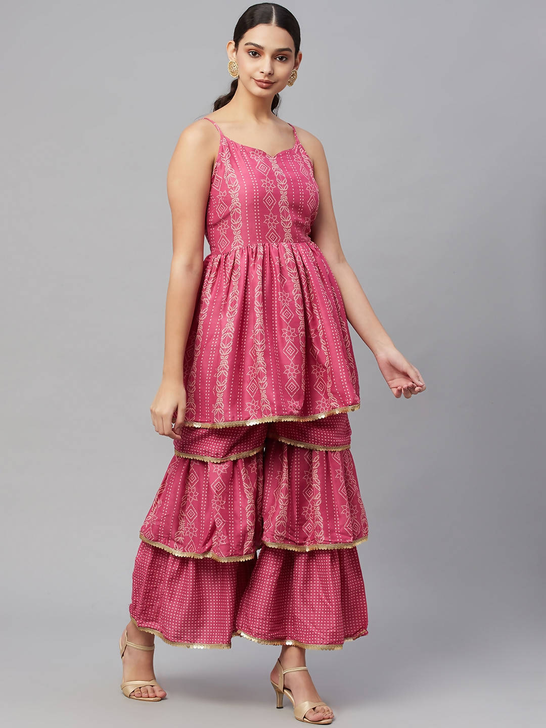 Myshka Pink Printed Sleeveless V Kurti Sharara Set | Grocsy