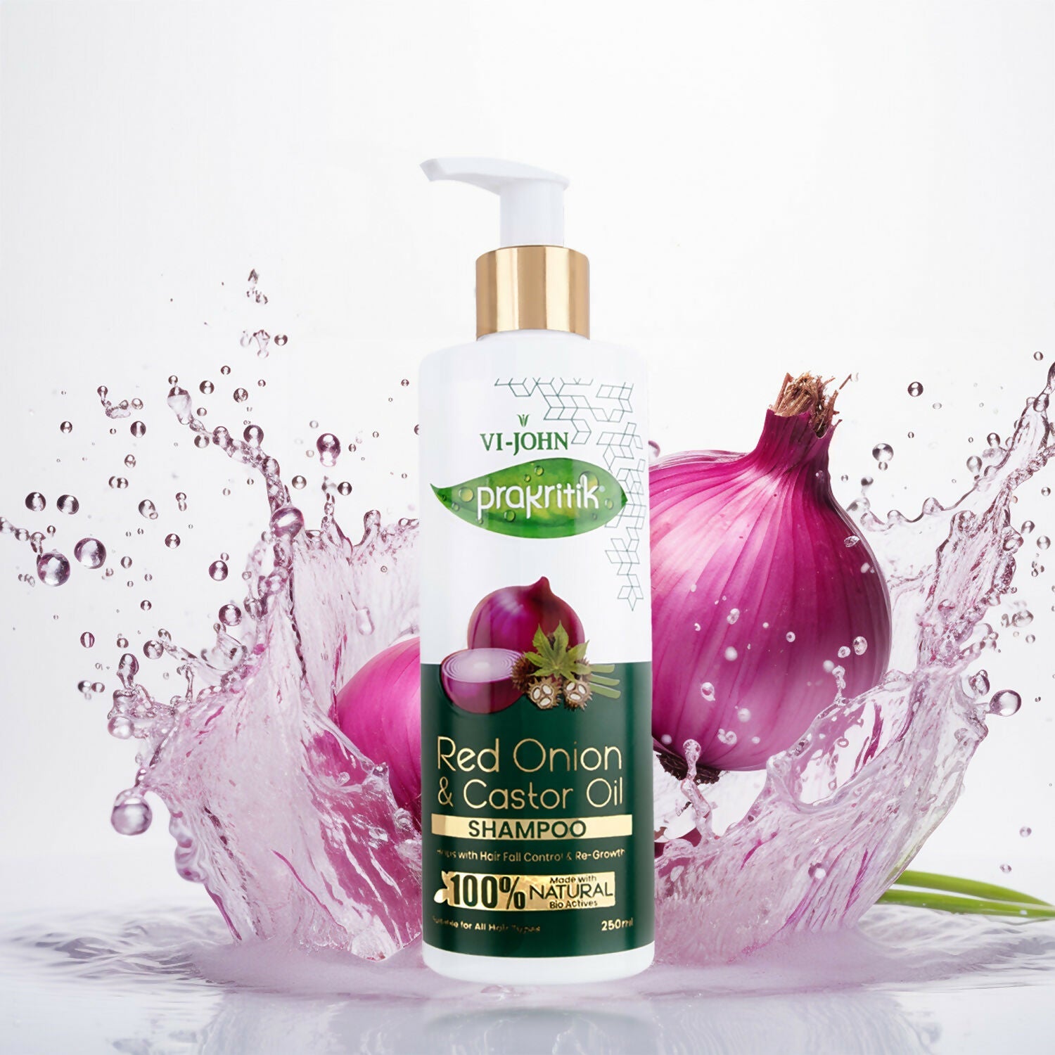 VI-JOHN Prakritik Red Onion & Castor Oil Shampoo Helps with Hair Fall & Re-Growth 100% Bio Actives | Grocsy
