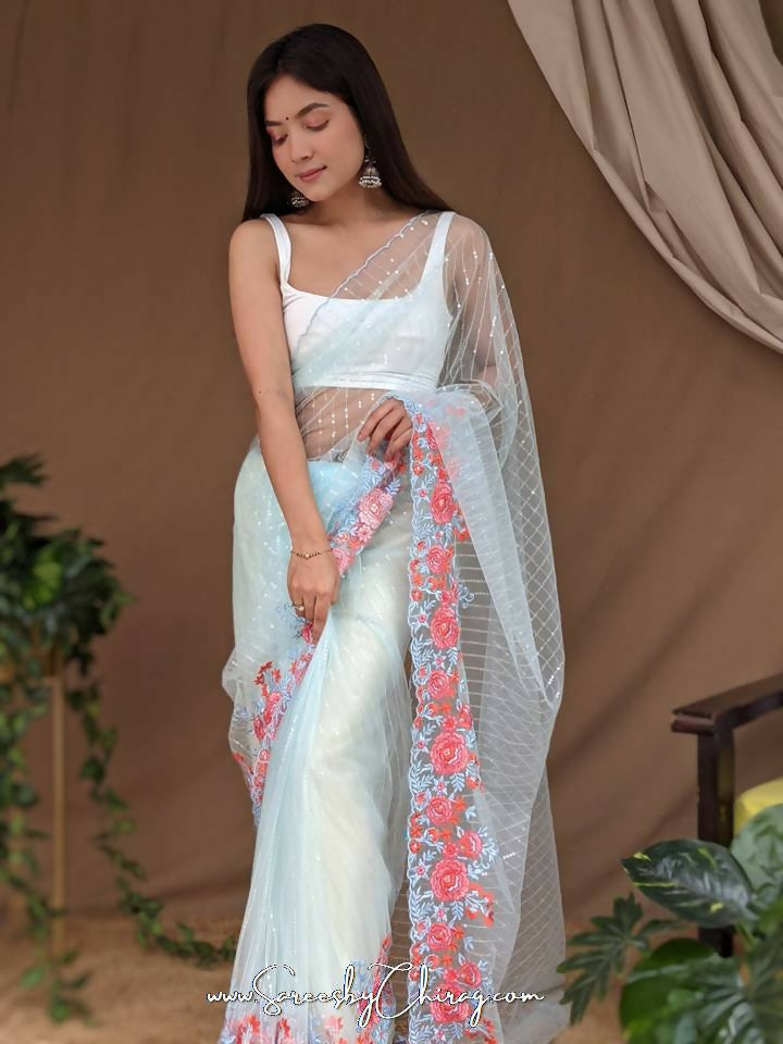 Vamsee Murari Sky Super Net Saree | Grocsy