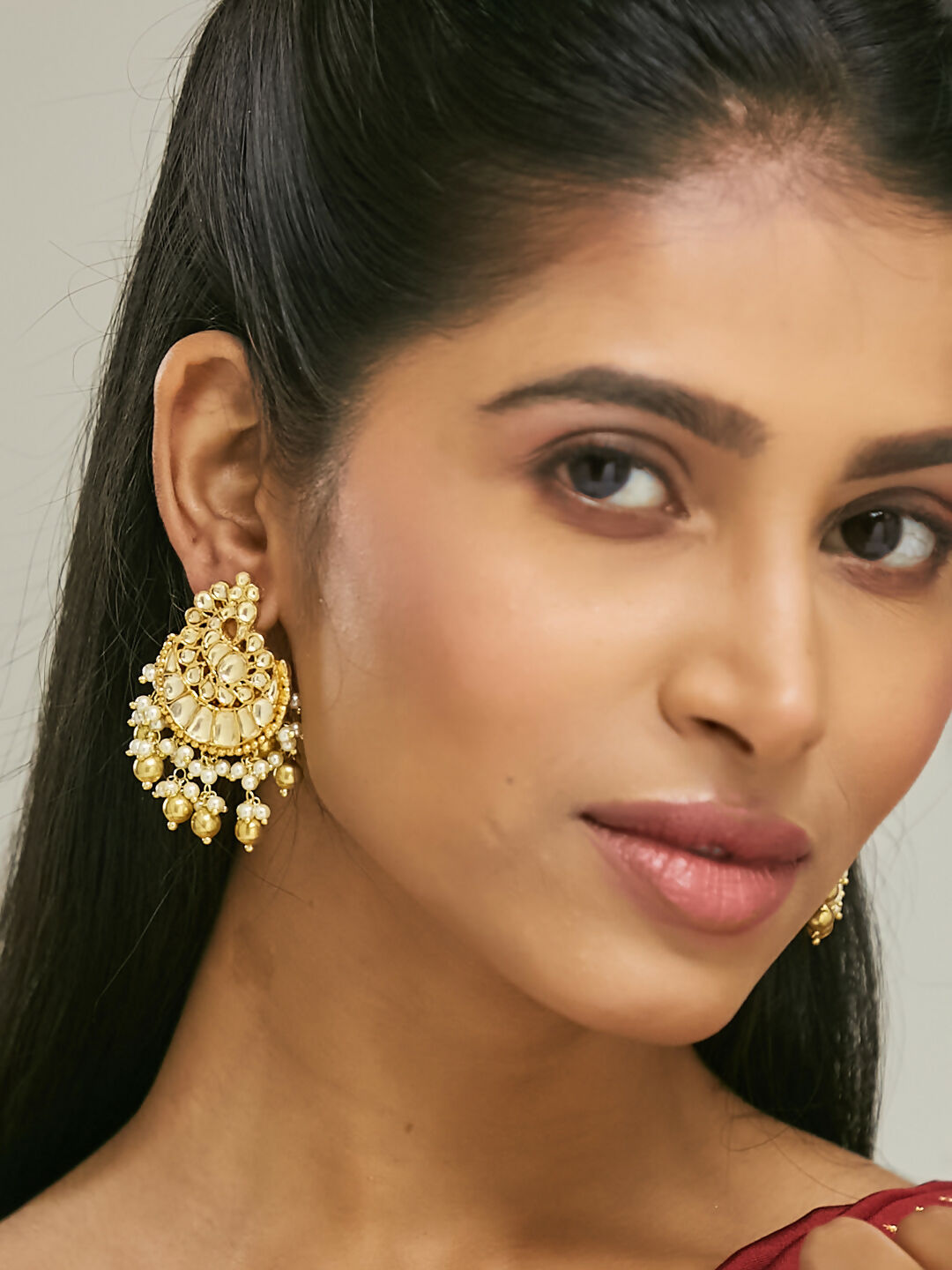 Nuyug 22K Gold-Plated Kundan Stone Studded & Pearl Drop Beaded Crescent Shaped Chandbalis | Grocsy