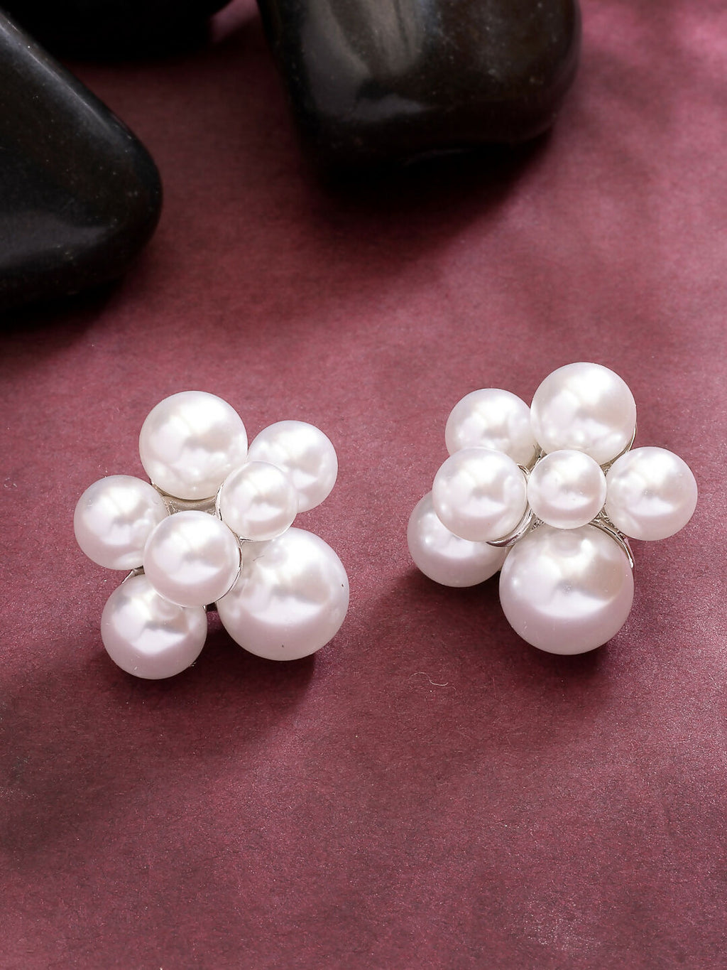 NVR Women's White Pearl Silver-Plated Circular Studs Earring | Grocsy