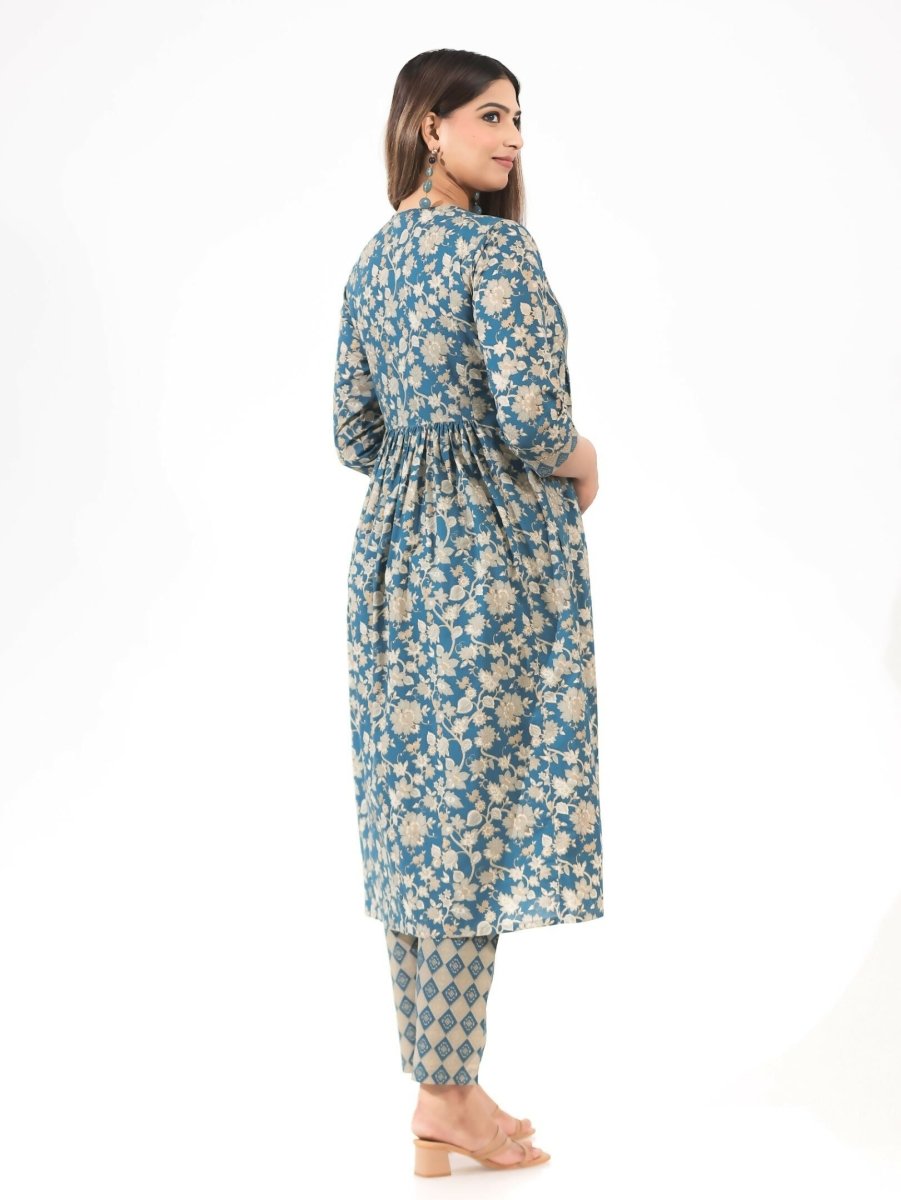 Aramya Blue Soft Cotton Gold foil Print A-line Kurta Set for Women | Grocsy