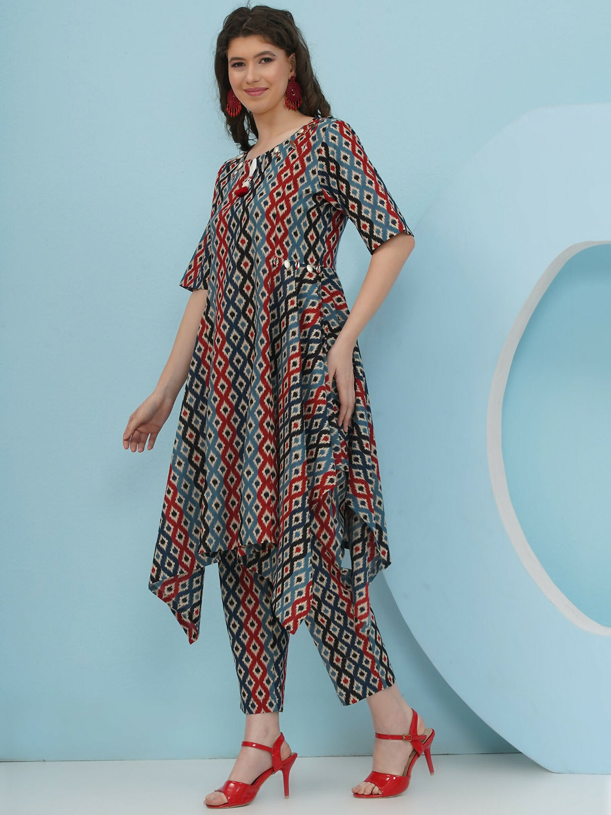 Joban Fashion Ikkat Printed Co Ord Set - Blue Red | Grocsy