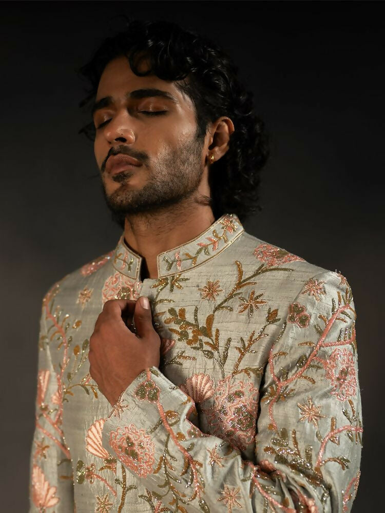Pastel Green Hand Embroidered Indowestern Sherwani by Hilo Design | Grocsy