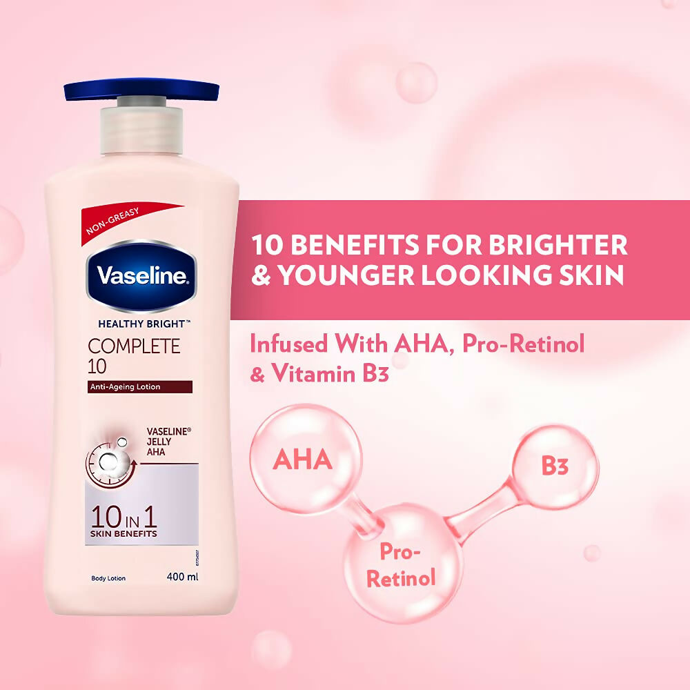 Vaseline Healthy Bright Complete 10 Anti Ageing Body Lotion, 10 in 1 Body Lotion With Vitamin B3, AHA, Pro-Retinol | Grocsy