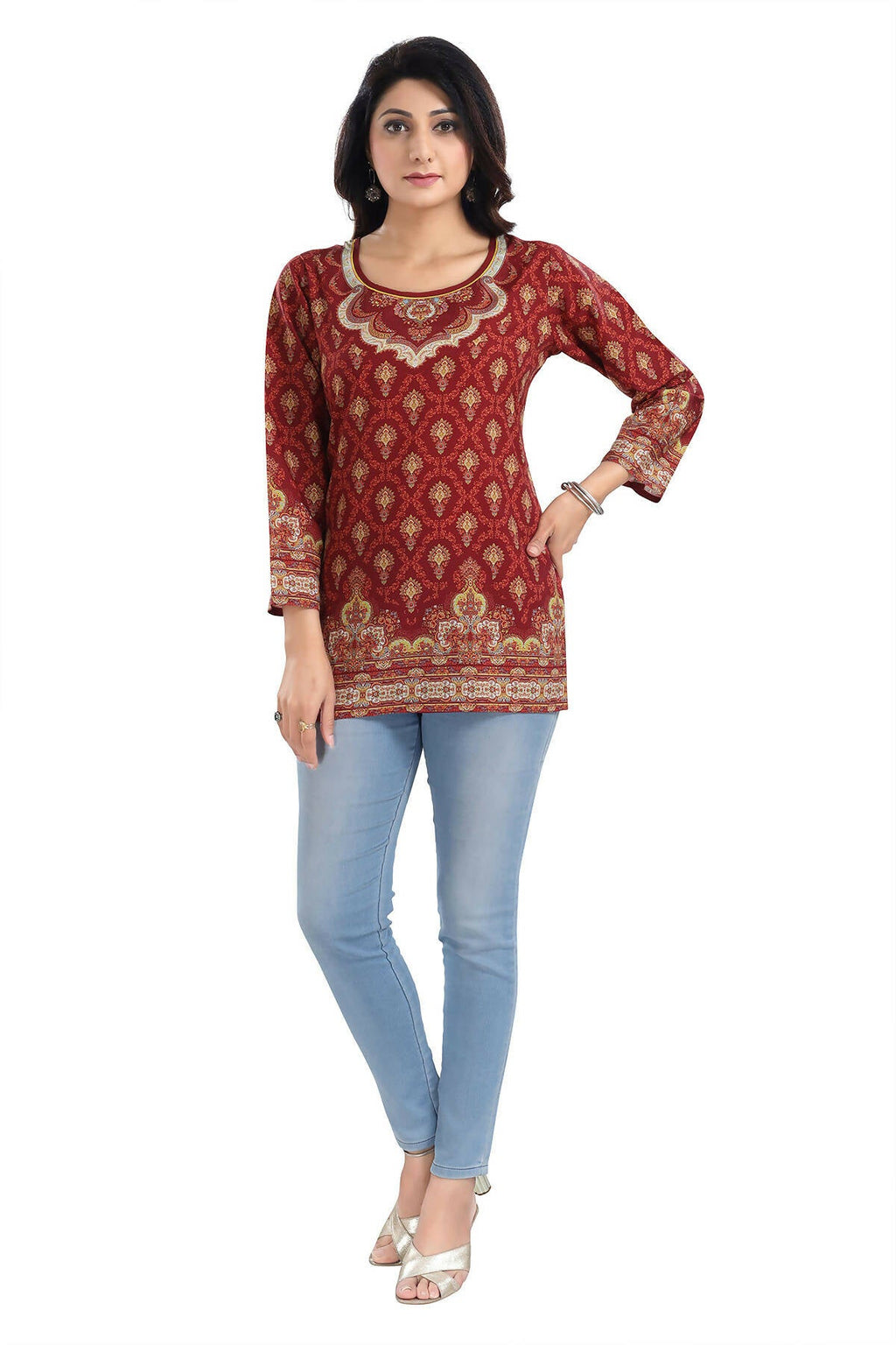 Snehal Creations Magical Maroon Printed Short Kurti Tunic Top | Grocsy