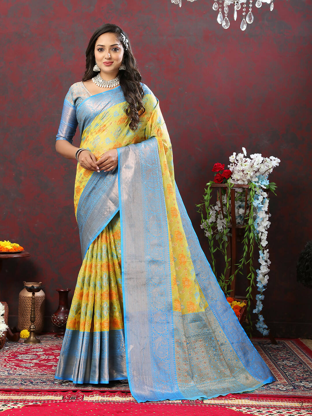 Lorenvalley Fashion Yellow Cotton Woven Design Zari Meenakari Weaving Saree | Grocsy