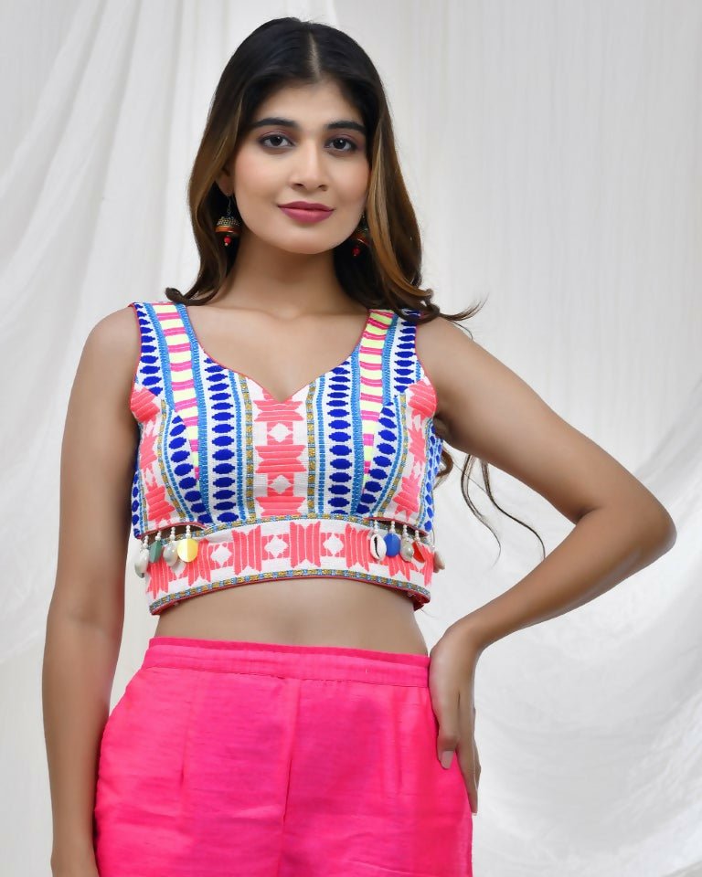 Amodini Designer Studio Vibrant Geometric Print Jacquard Blue Blouse for Women | Grocsy