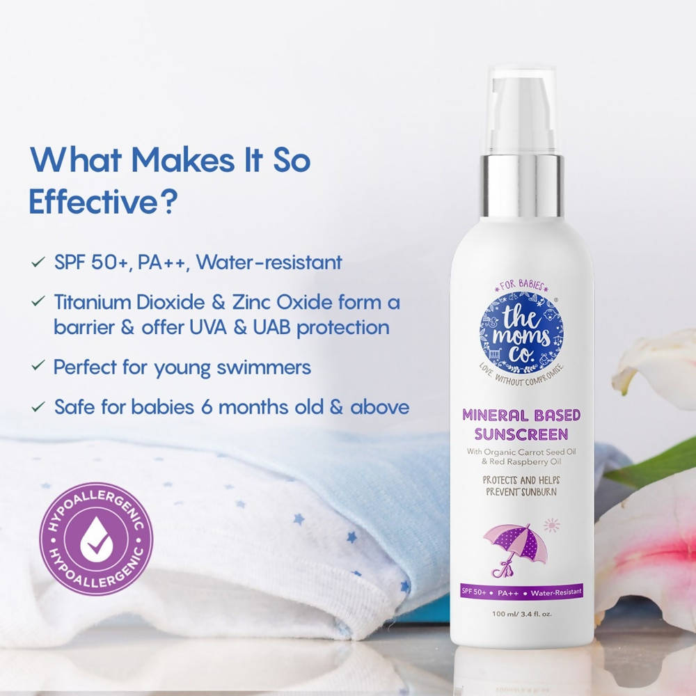 The Moms Co Waterproof SPF 50+ Natural Mineral Based Baby Sunscreen For UV-A & UV-B Protection | Grocsy