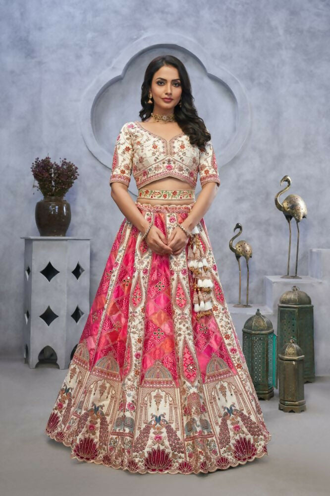 Kesar Fab Ivory Organza Embroidered Lehenga | Grocsy