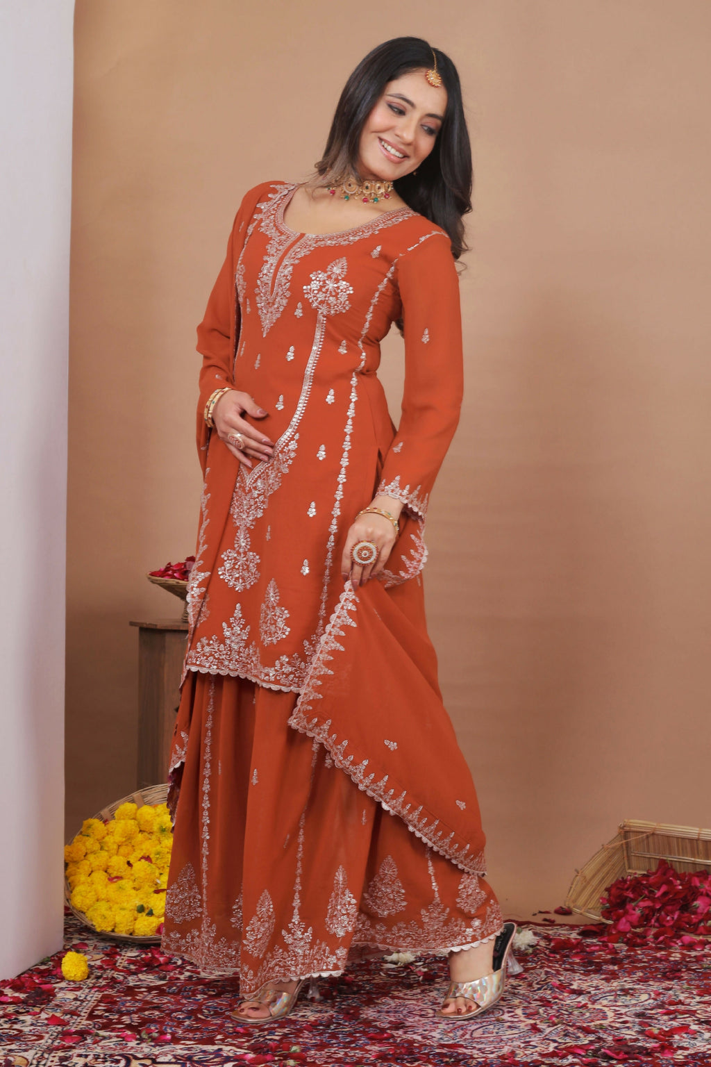 The52 Women's Gorgeous Embroidery Work Fox Georgette Fabric Straight Kurta Sharara and Dupatta Set-Orange | Grocsy