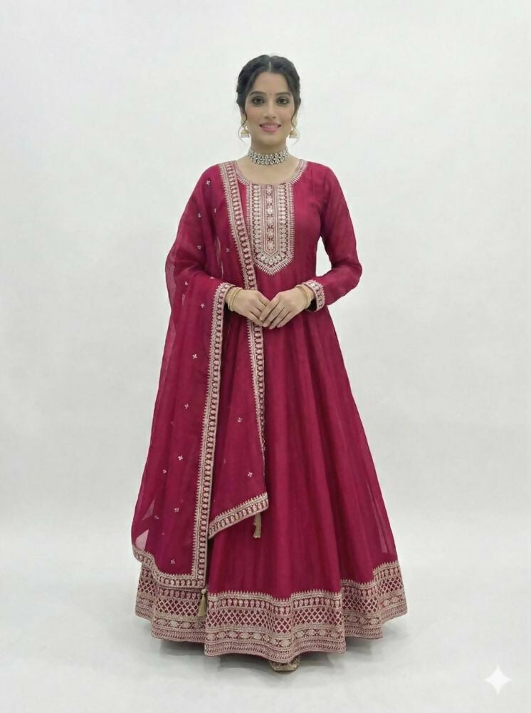 The52 Women's Gorgeous Embroidery Work Vichitra SIlk Fabric Flared Anarkali Dupatta Set | Grocsy