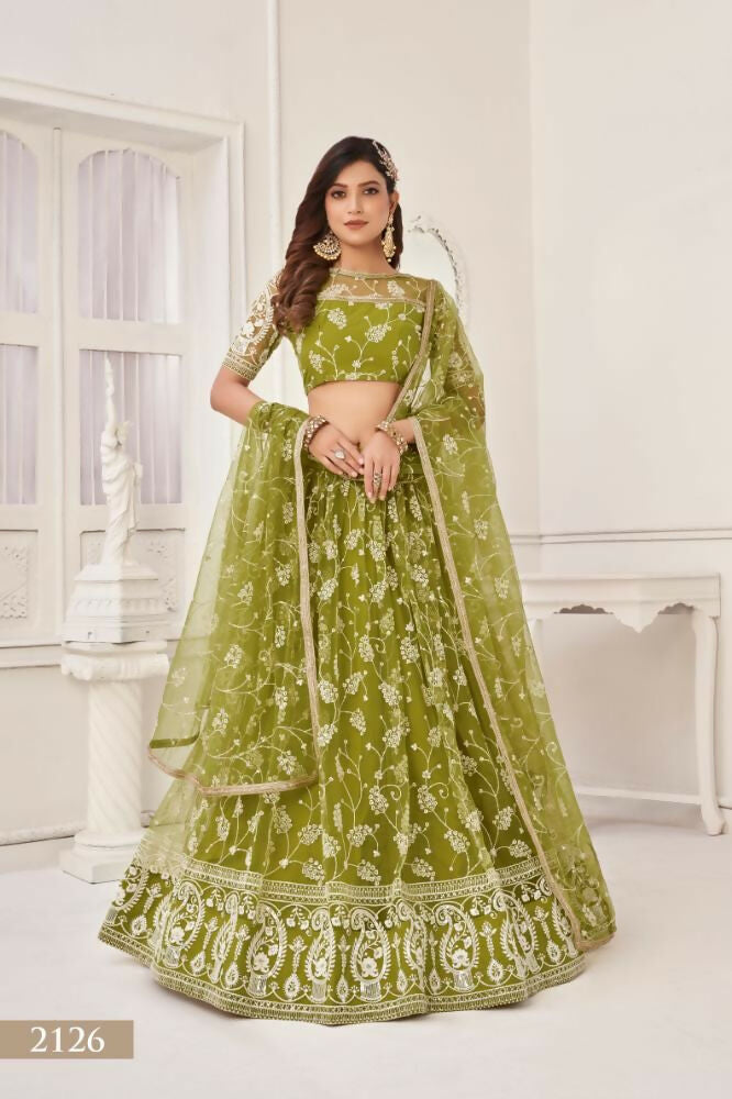 Aastha Fashion Olive Green Butterfly Net White Cotton Thread Work And Sequence Work Embroidery Wedding Wear Lehenga Choli | Grocsy