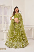 Aastha Fashion Olive Green Butterfly Net White Cotton Thread Work And Sequence Work Embroidery Wedding Wear Lehenga Choli | Grocsy