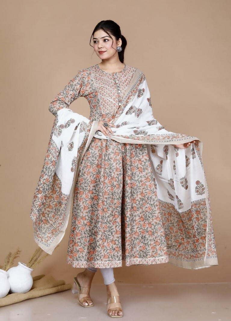 Miravan Women's Partywear Brown Floral Printed Gota Work Long Anarkali With Dupatta Set | Grocsy