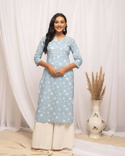 FIORRA Women's Floral Printed Sky Blue Cotton Straight Kurta | Grocsy