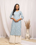 FIORRA Women's Floral Printed Sky Blue Cotton Straight Kurta | Grocsy