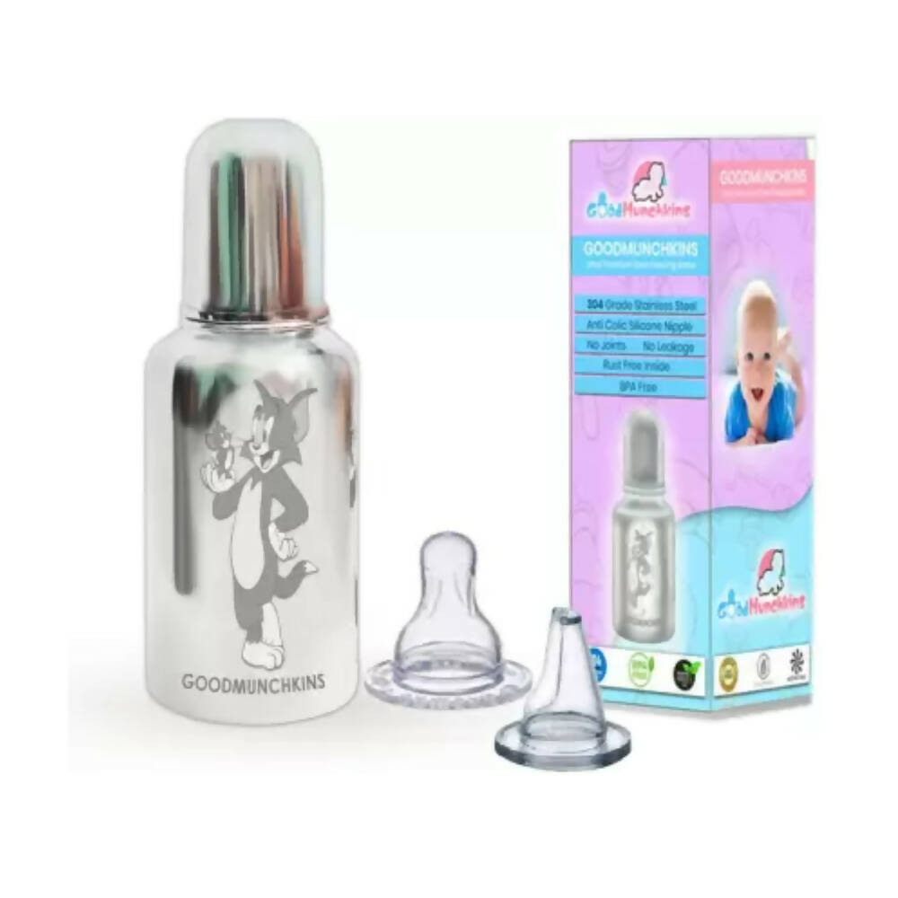 Goodmunchkins Stainless Steel Feeding Rustfree Bottle with 2 Anti Colic Silicone Nipple For Kids 220ml | Grocsy