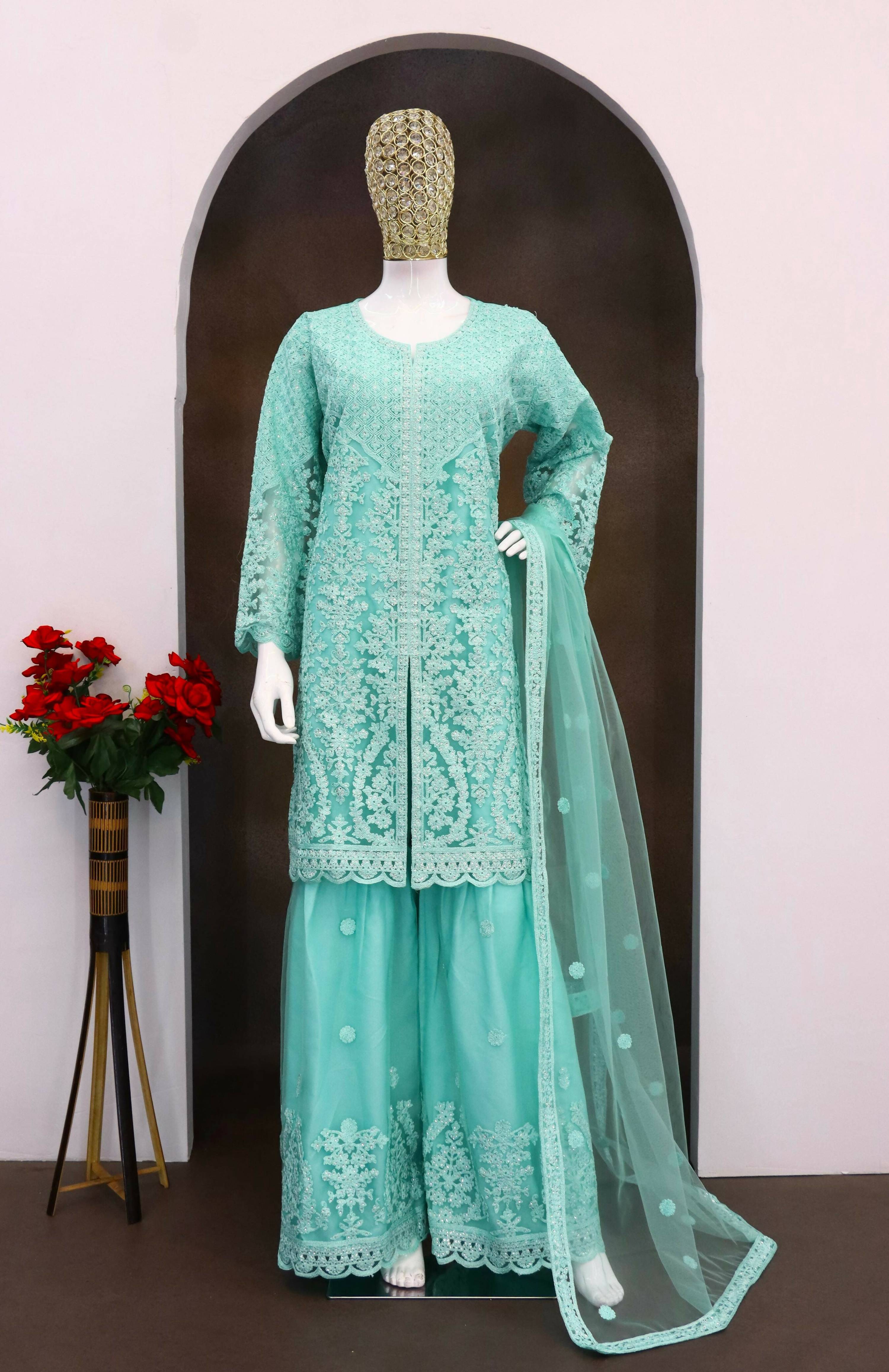Anaita Sky Blue Heavy Net Readymade Suit with Embroidery & Sequence Work | Grocsy