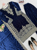 Vastranavya Blue Viscose Velvet Cording Sequence With Moti Work Top-Bottom With Dupatta | Grocsy