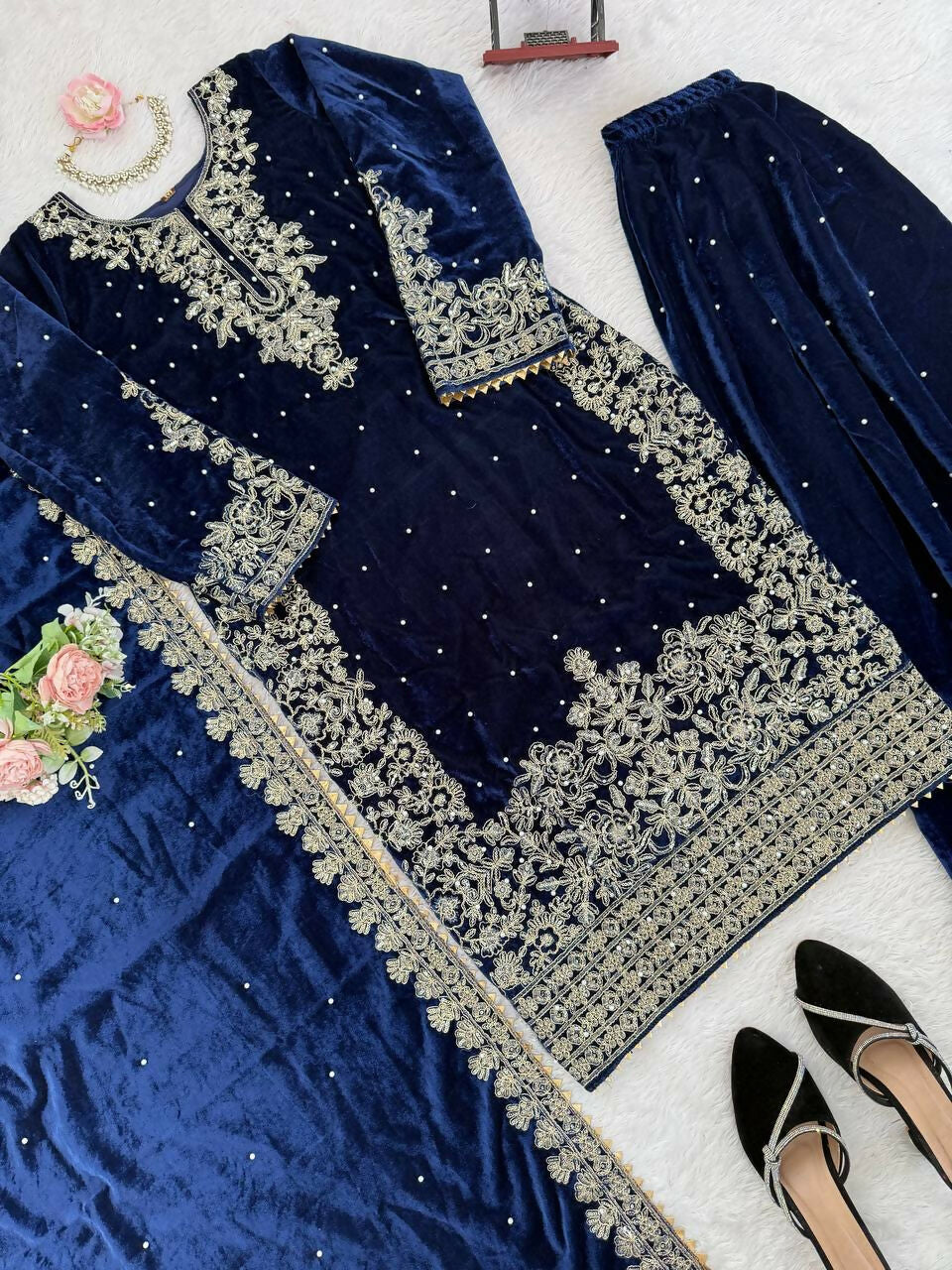 Vastranavya Blue Viscose Velvet Cording Sequence With Moti Work Top-Bottom With Dupatta | Grocsy