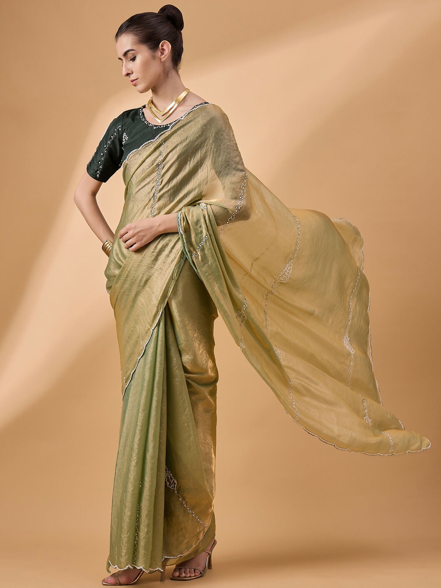 Green Muslin Embroidered Saree with Unstitched Blouse Piece - Satya | Grocsy