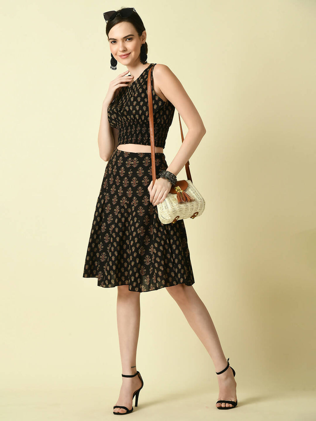 Myshka Women's Black Pure Cotton Printed Flared Skirt | Grocsy