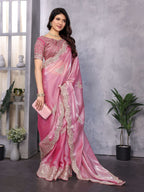 Vastranavya Baby Pink Embroidery Work Shimmer Chiffon Saree with Unstitched Blouse | Grocsy