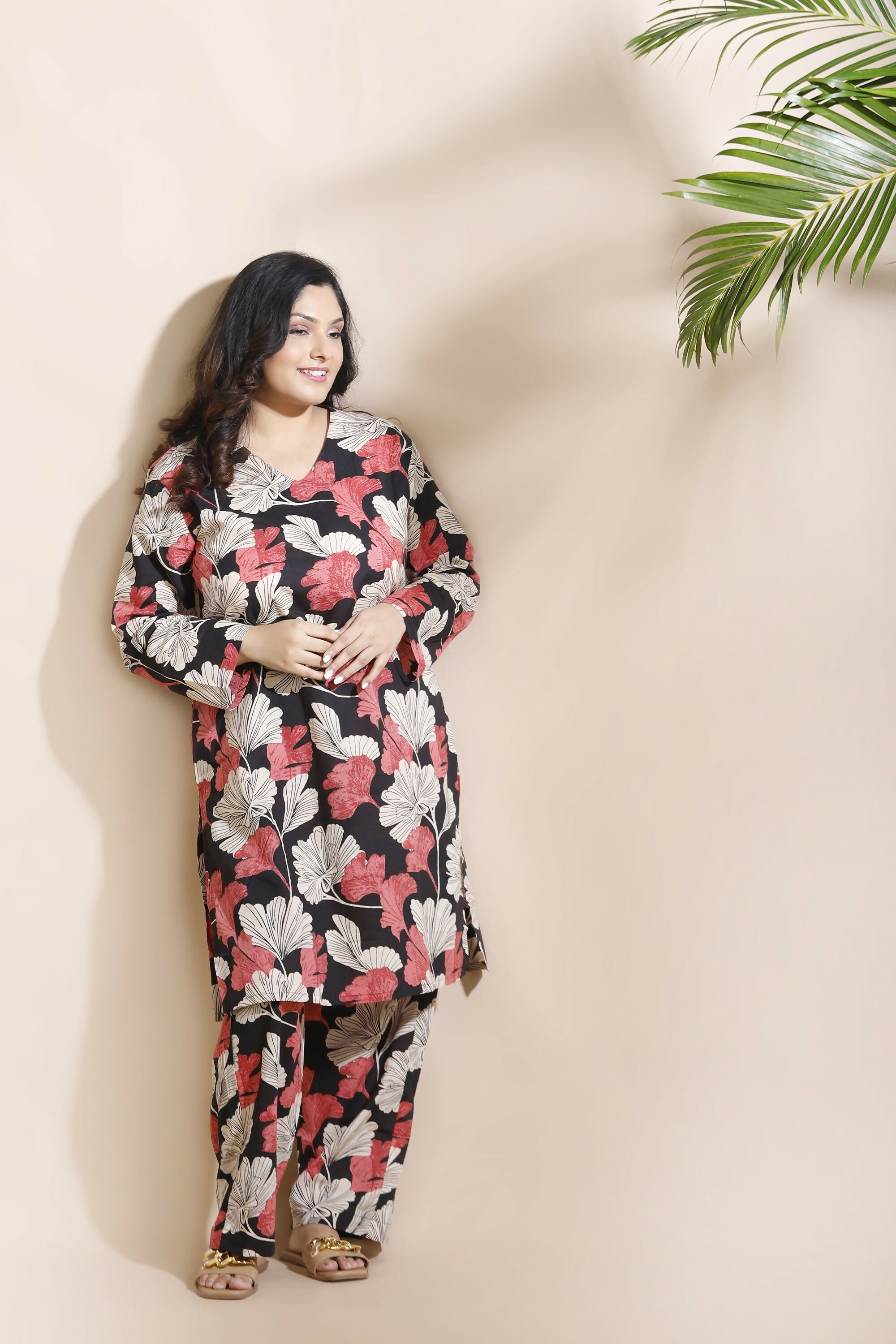 Breathables Black Floral Print Cotton Long Kurta Co-Ord Set Cotton | Grocsy