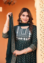 Alvano Women's Embroidery work Print Naira Cut Kurti with Pant and Dupatta set Rayon | Grocsy