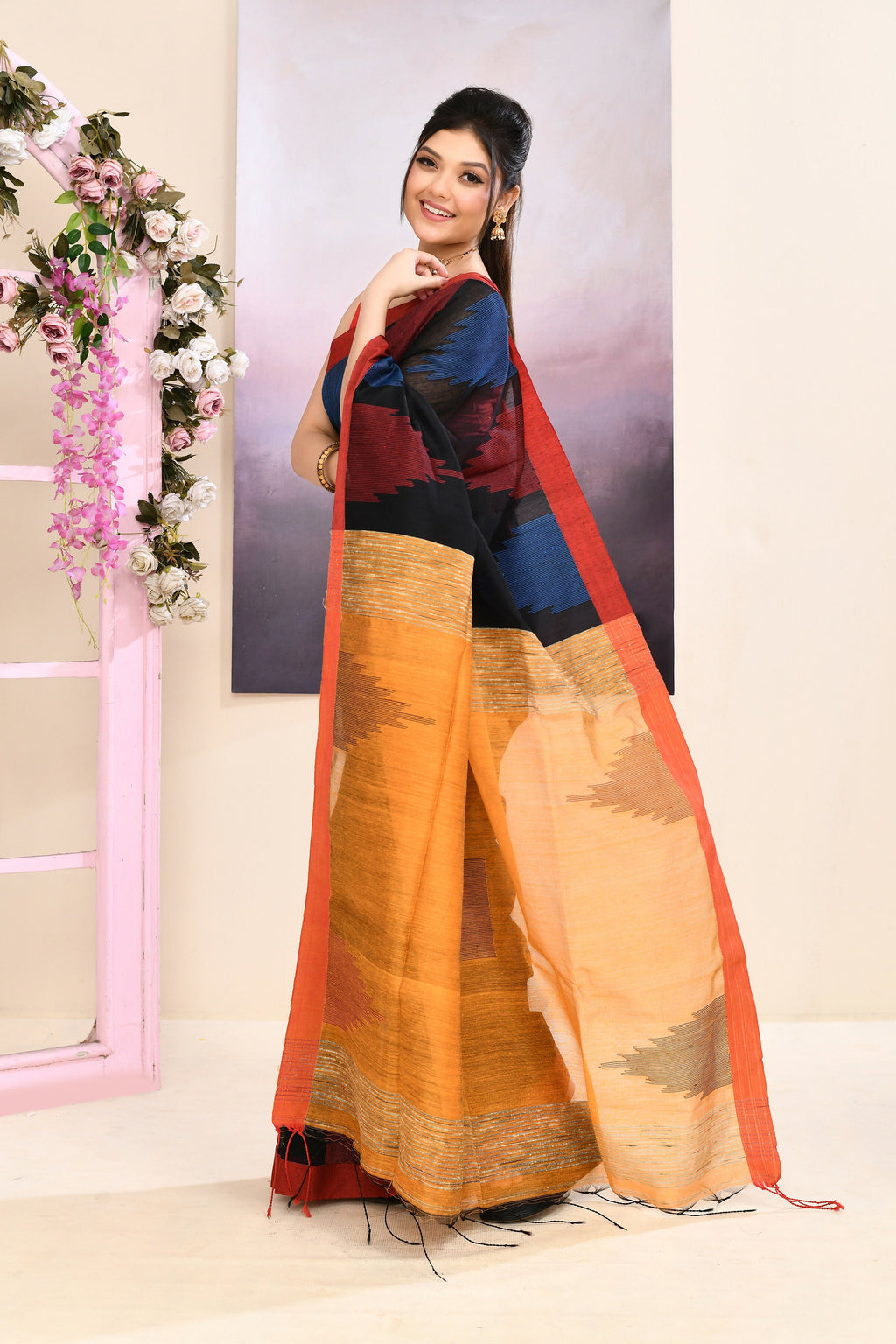 Piyari Fashion Women's Black Temple Border Embellished Cotton Blend Jamdani Saree | Grocsy