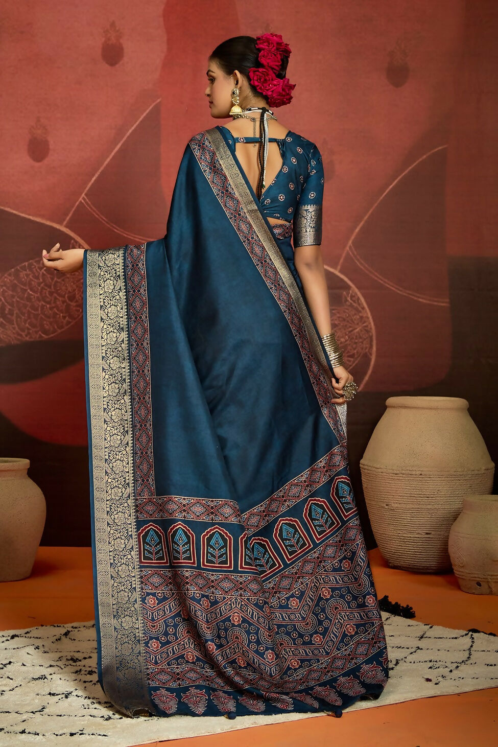 Joban Fashion Teal Blue Art Silk With Fine Viscose Border Ajrak Full Body Print With Soft Finish Saree | Grocsy