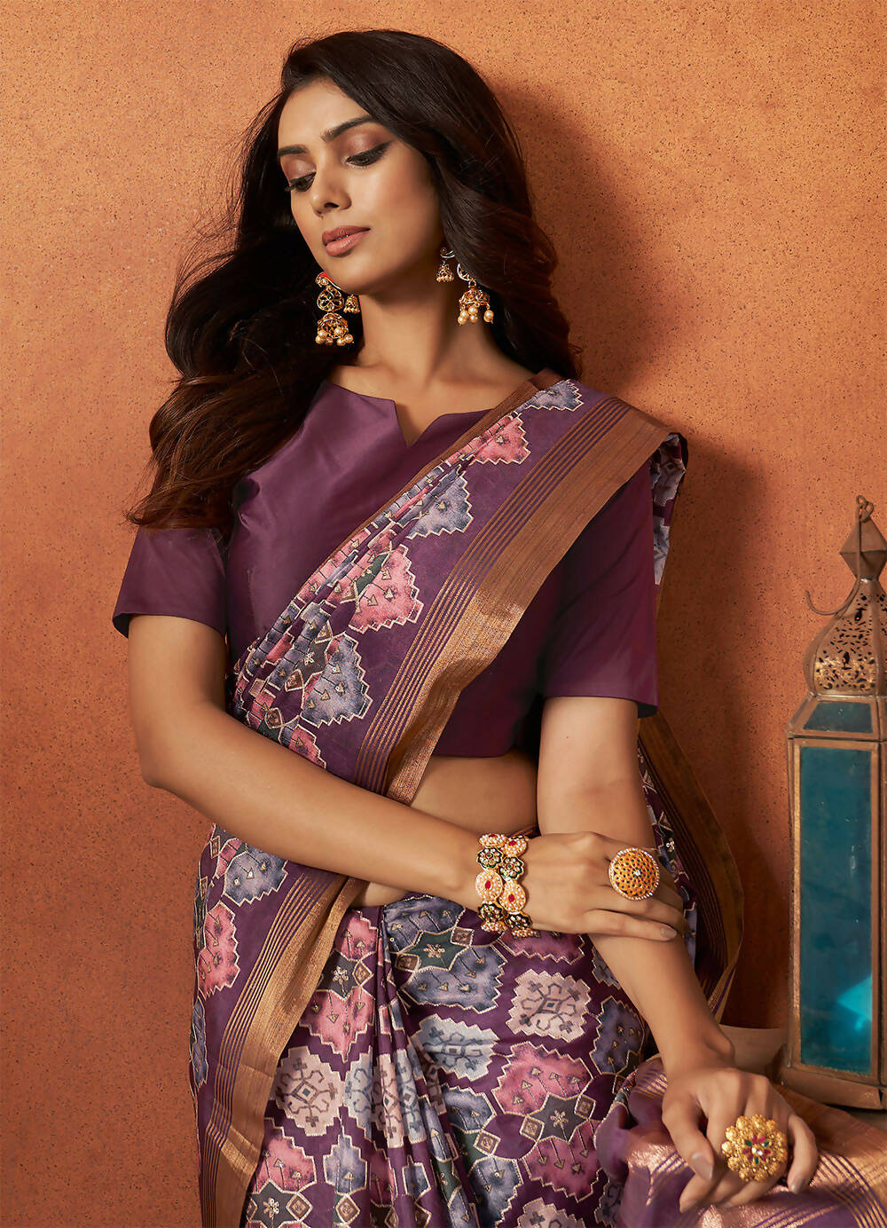 Purple Rangkat and Crepe Silk Aztec Saree With Unstitched Blouse Piece - Mohmanthan Royal Saachi | Grocsy